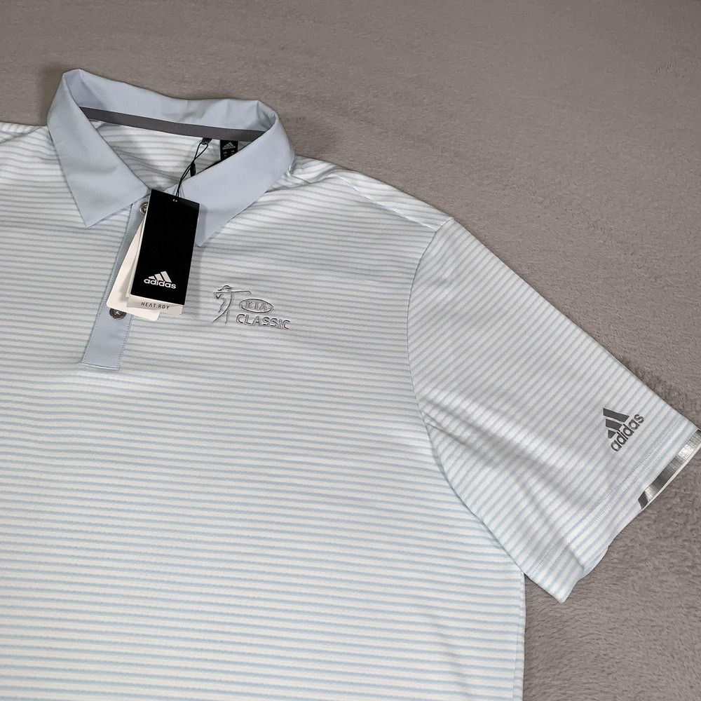 Adidas Polo Shirt Mens XL Blue‎ Striped HEAT Ready Kia Classic Golf Performance